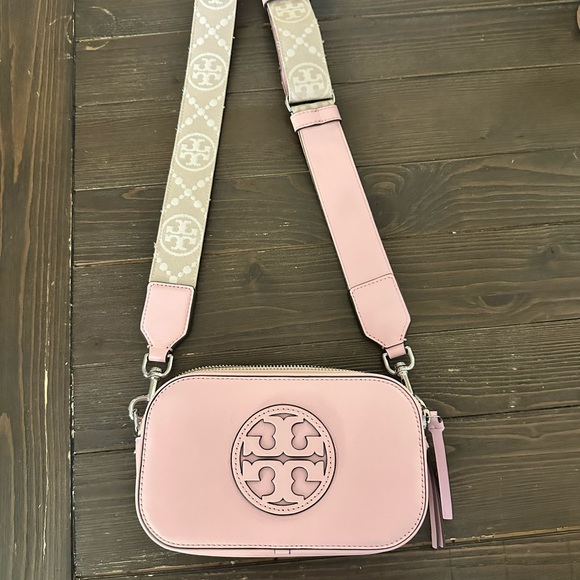 Tory Burch Miller Blush Pebbled Leather Mini Crossbody with Logo Strap - Picture 2 of 3